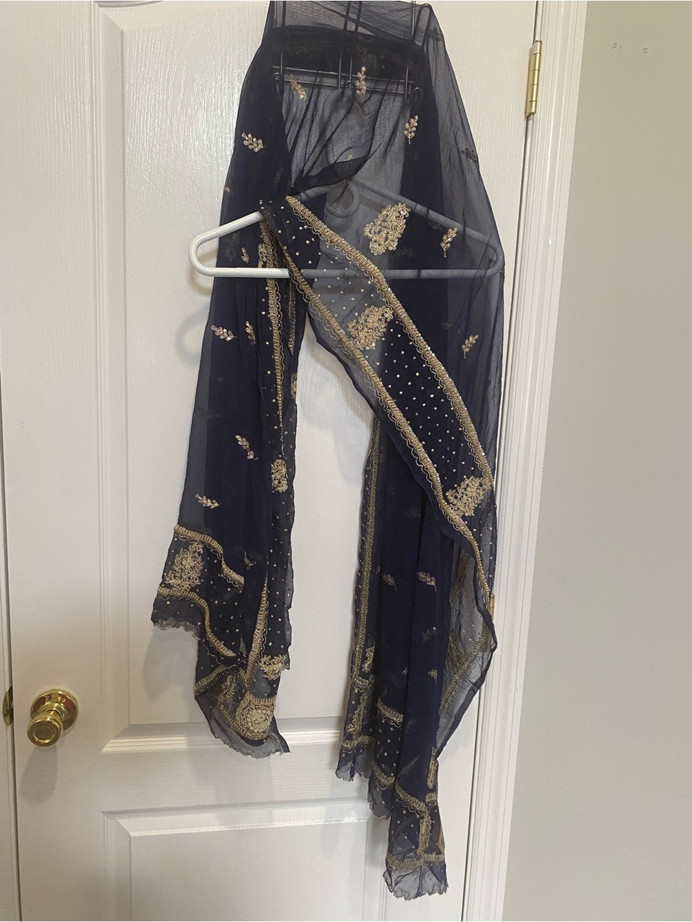 Navy Blue Sheer Scarf with Gold Embroidery